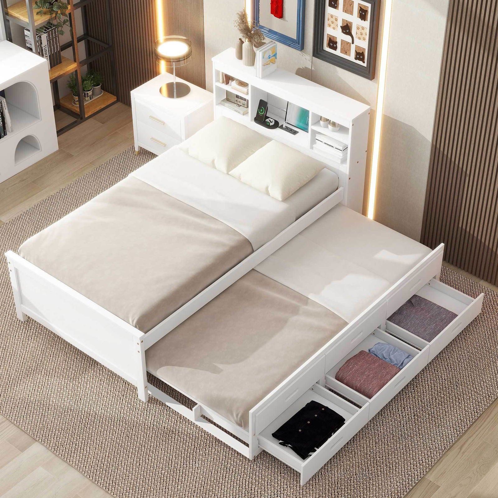 Twin Size Platform Bed with Storage Headboard, USB, Twin Size Trundle and 3 Drawers, White himalipasal