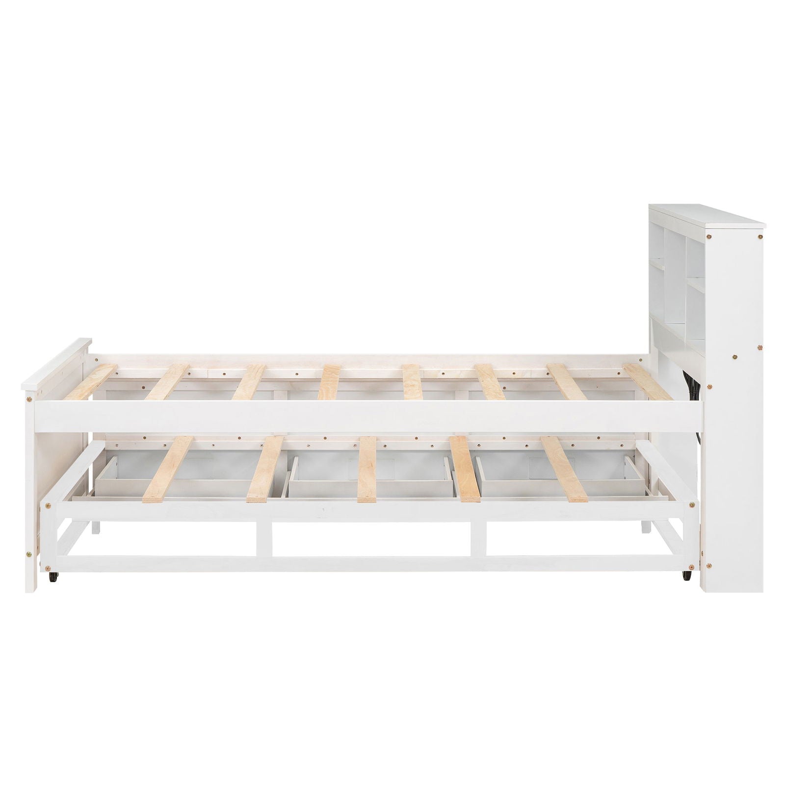 Twin Size Platform Bed with Storage Headboard, USB, Twin Size Trundle and 3 Drawers, White himalipasal