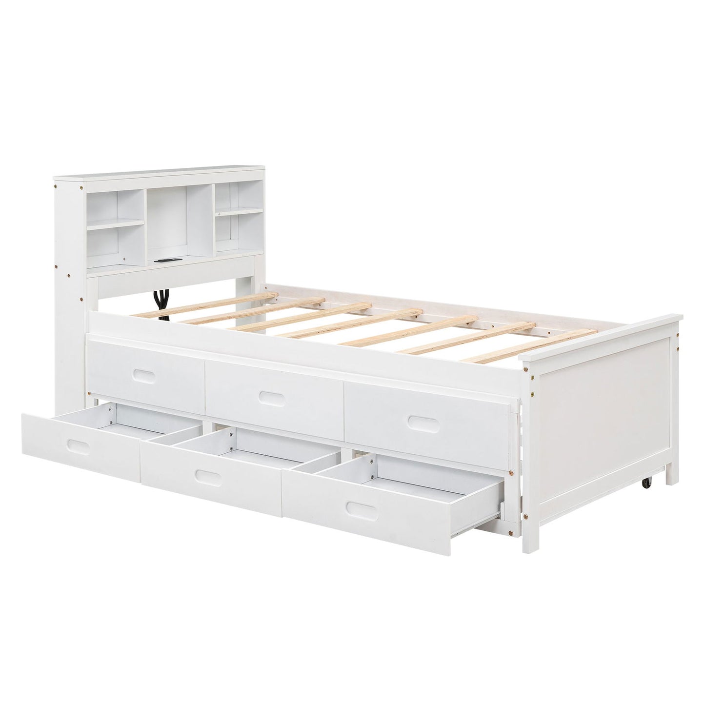 Twin Size Platform Bed with Storage Headboard, USB, Twin Size Trundle and 3 Drawers, White himalipasal