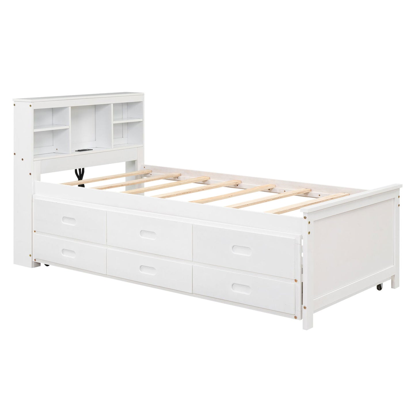 Twin Size Platform Bed with Storage Headboard, USB, Twin Size Trundle and 3 Drawers, White himalipasal