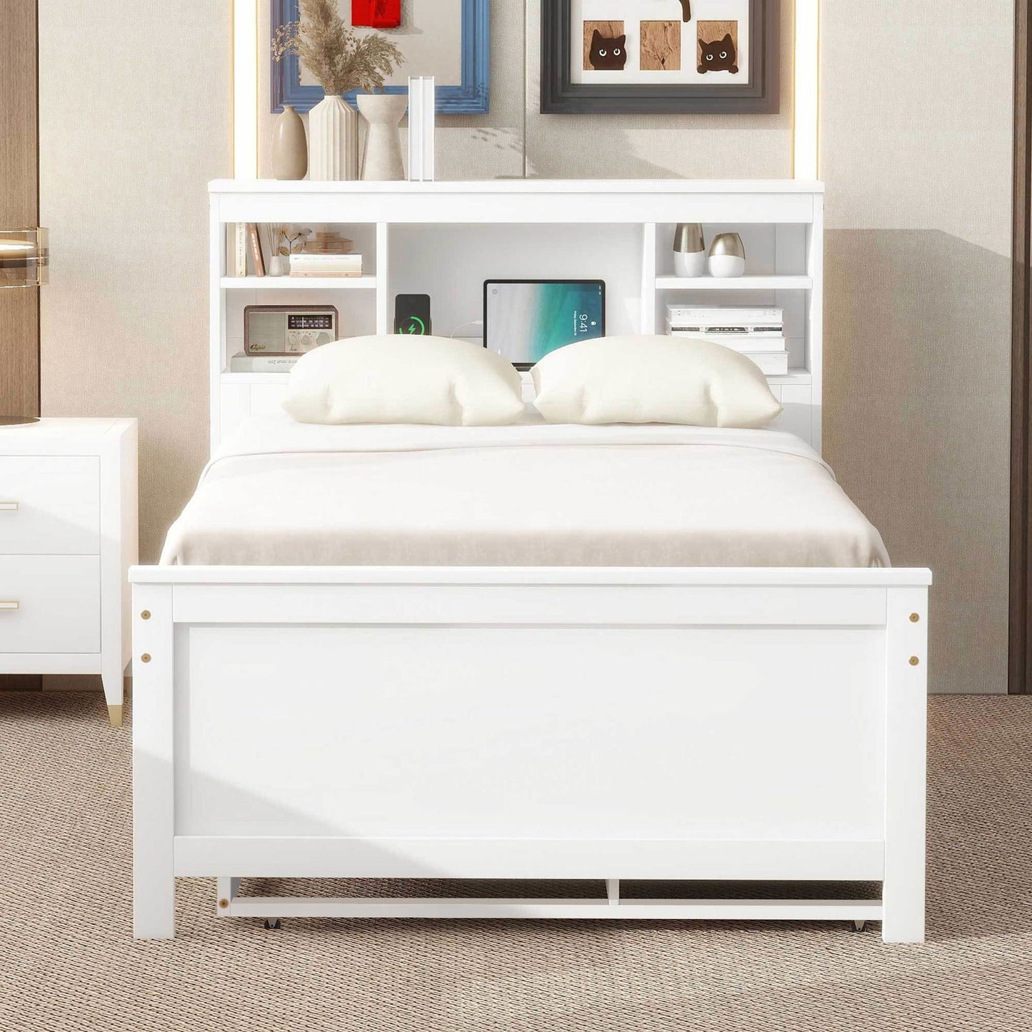 Twin Size Platform Bed with Storage Headboard, USB, Twin Size Trundle and 3 Drawers, White himalipasal