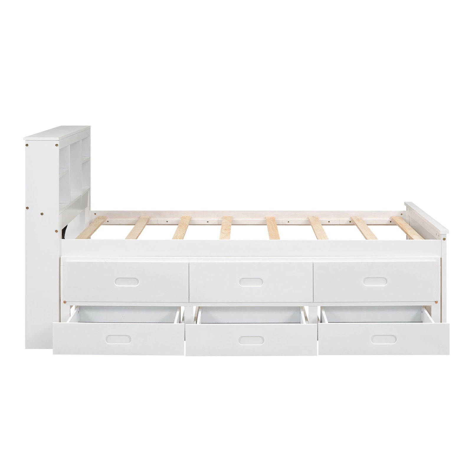 Twin Size Platform Bed with Storage Headboard, USB, Twin Size Trundle and 3 Drawers, White himalipasal