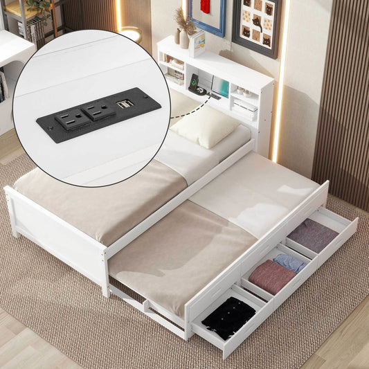 Twin Size Platform Bed with Storage Headboard, USB, Twin Size Trundle and 3 Drawers, White himalipasal