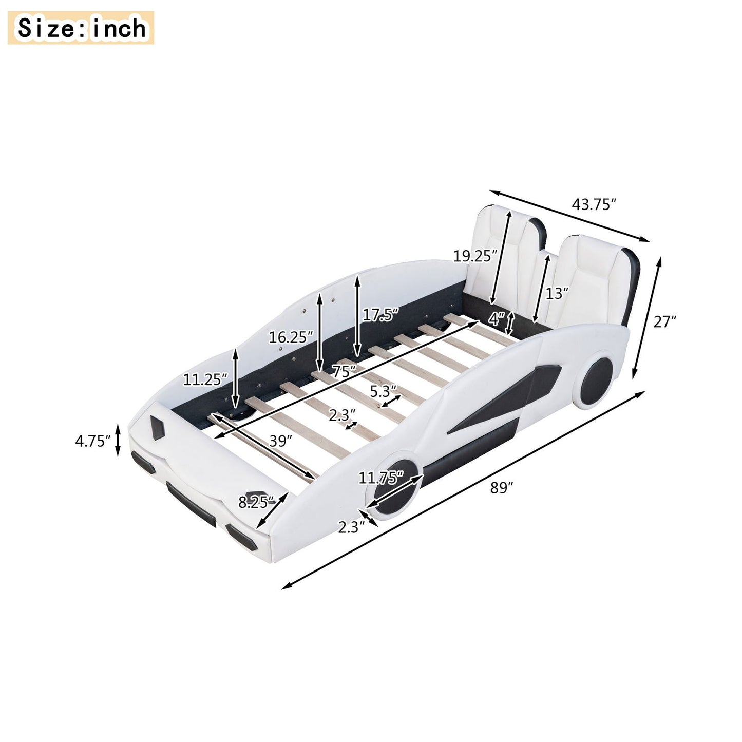 Twin Size Race Car-Shaped Platform Bed with Wheels, White himalipasal