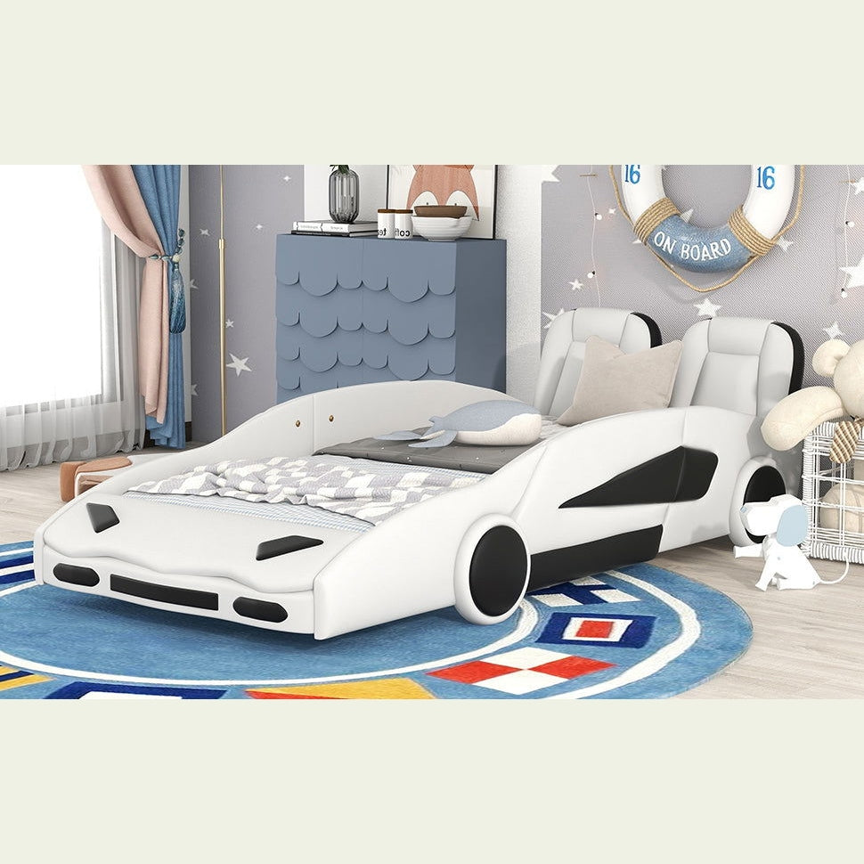 Twin Size Race Car-Shaped Platform Bed with Wheels, White himalipasal