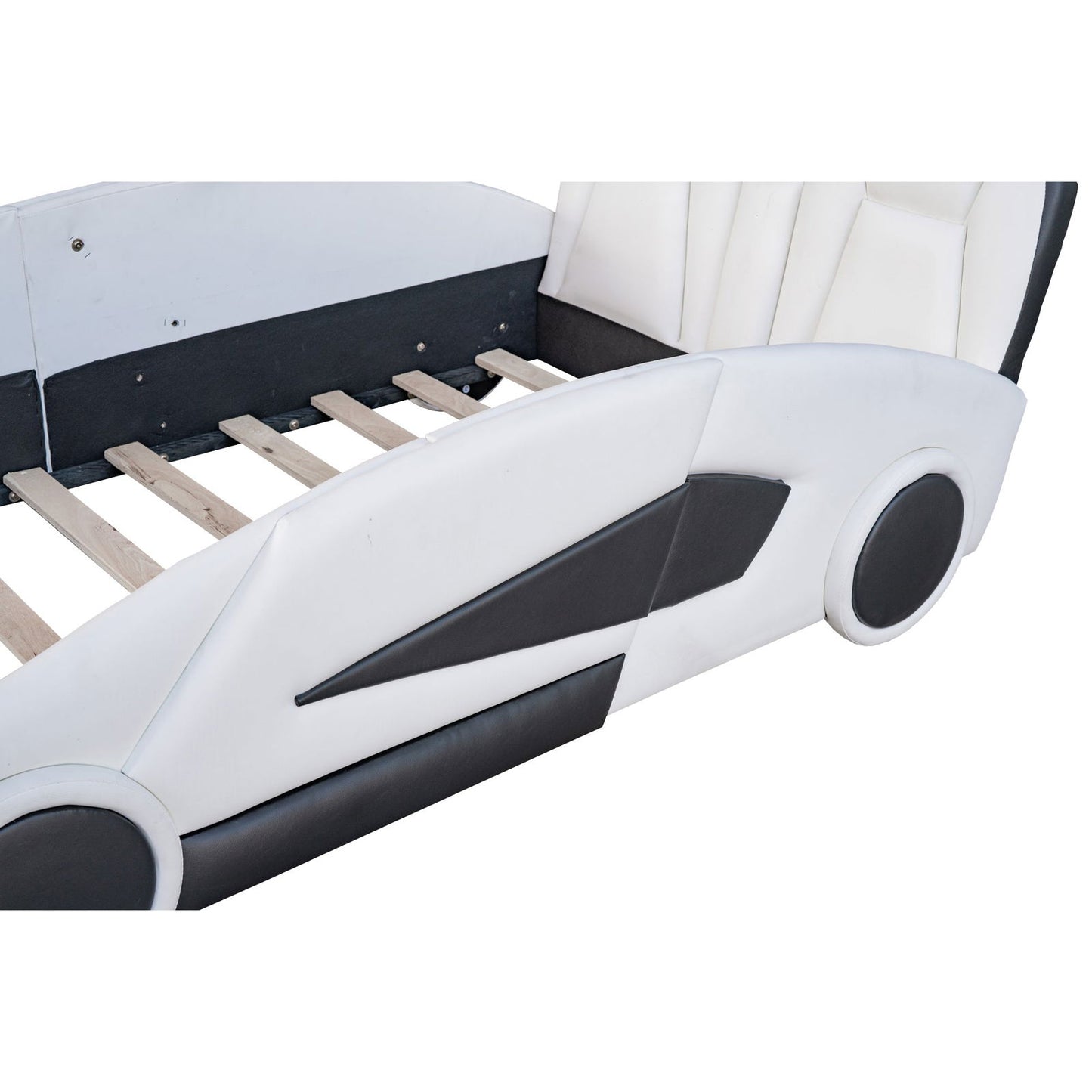 Twin Size Race Car-Shaped Platform Bed with Wheels, White himalipasal