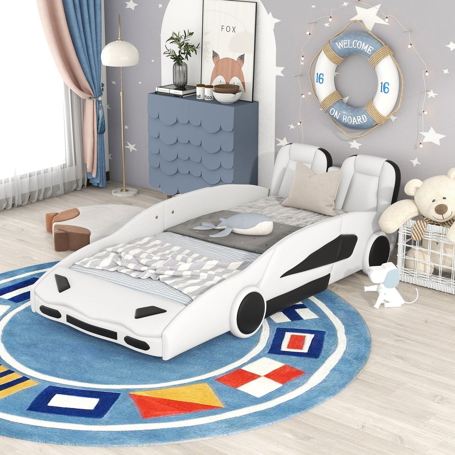 Twin Size Race Car-Shaped Platform Bed with Wheels, White himalipasal