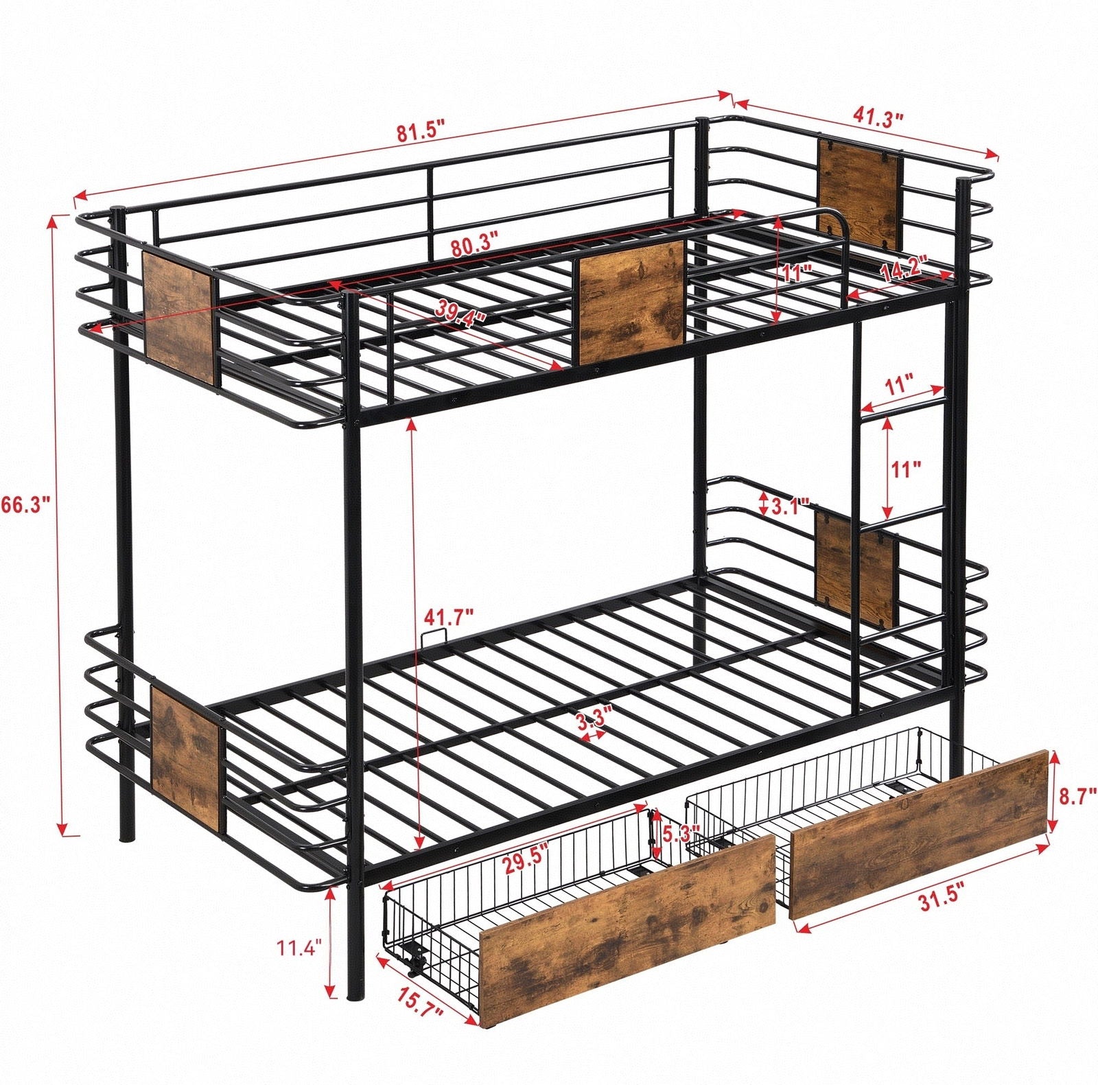 Twin XL over Twin XL Metal Bunk Bed with MDF Board Guardrail and Two Storage Drawers,Black himalipasal