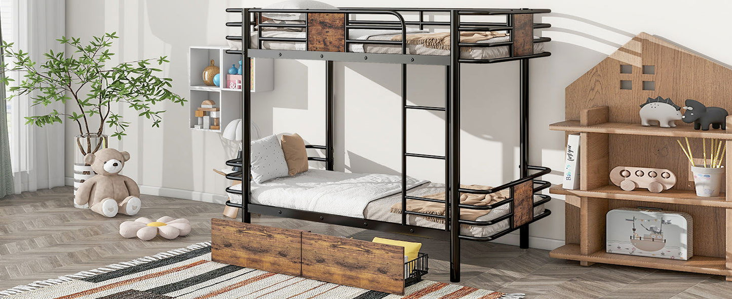 Twin XL over Twin XL Metal Bunk Bed with MDF Board Guardrail and Two Storage Drawers,Black himalipasal