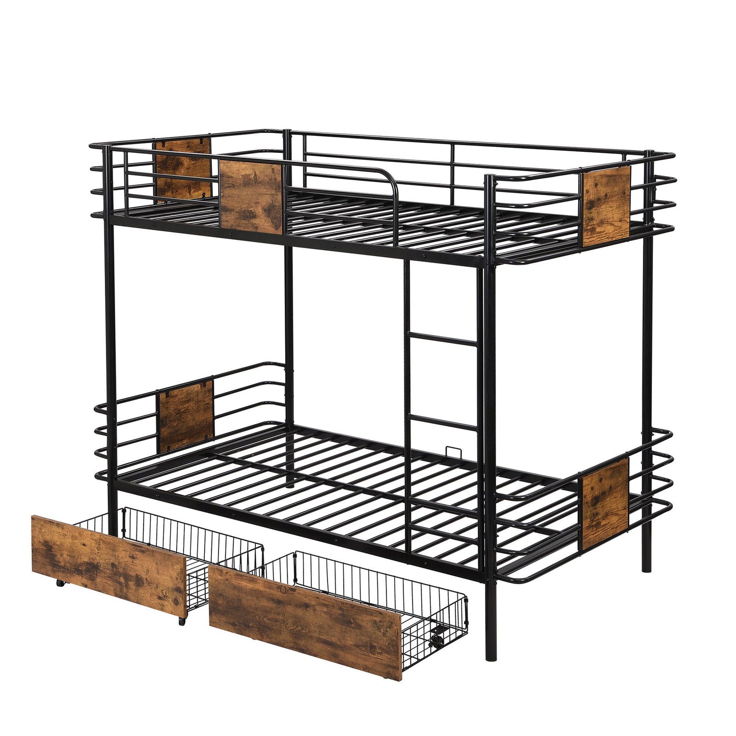 Twin XL over Twin XL Metal Bunk Bed with MDF Board Guardrail and Two Storage Drawers,Black himalipasal