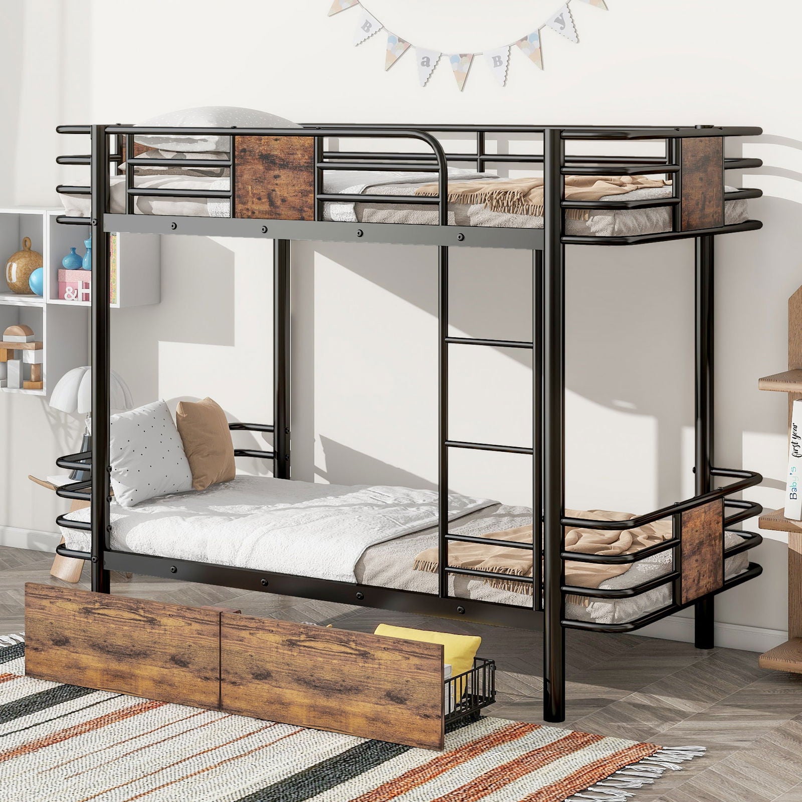 Twin XL over Twin XL Metal Bunk Bed with MDF Board Guardrail and Two Storage Drawers,Black himalipasal