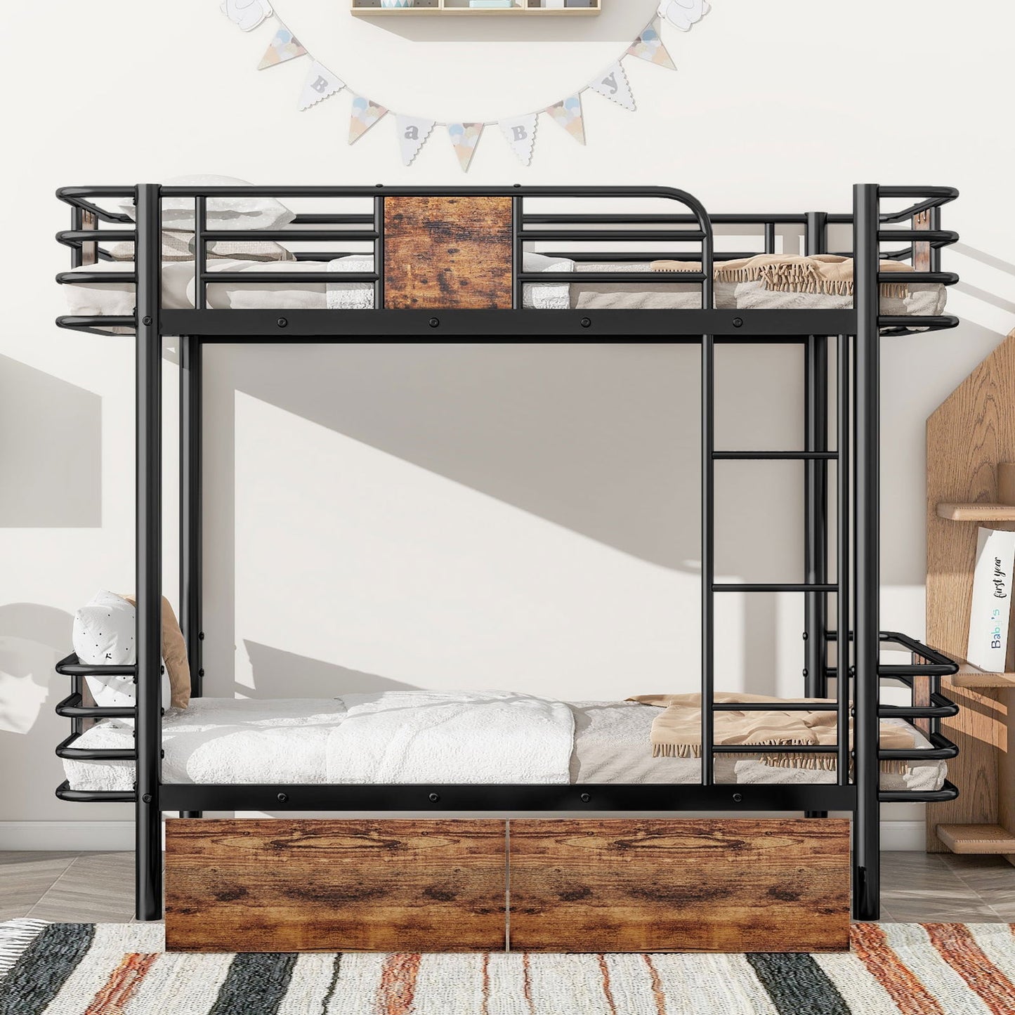 Twin XL over Twin XL Metal Bunk Bed with MDF Board Guardrail and Two Storage Drawers,Black himalipasal