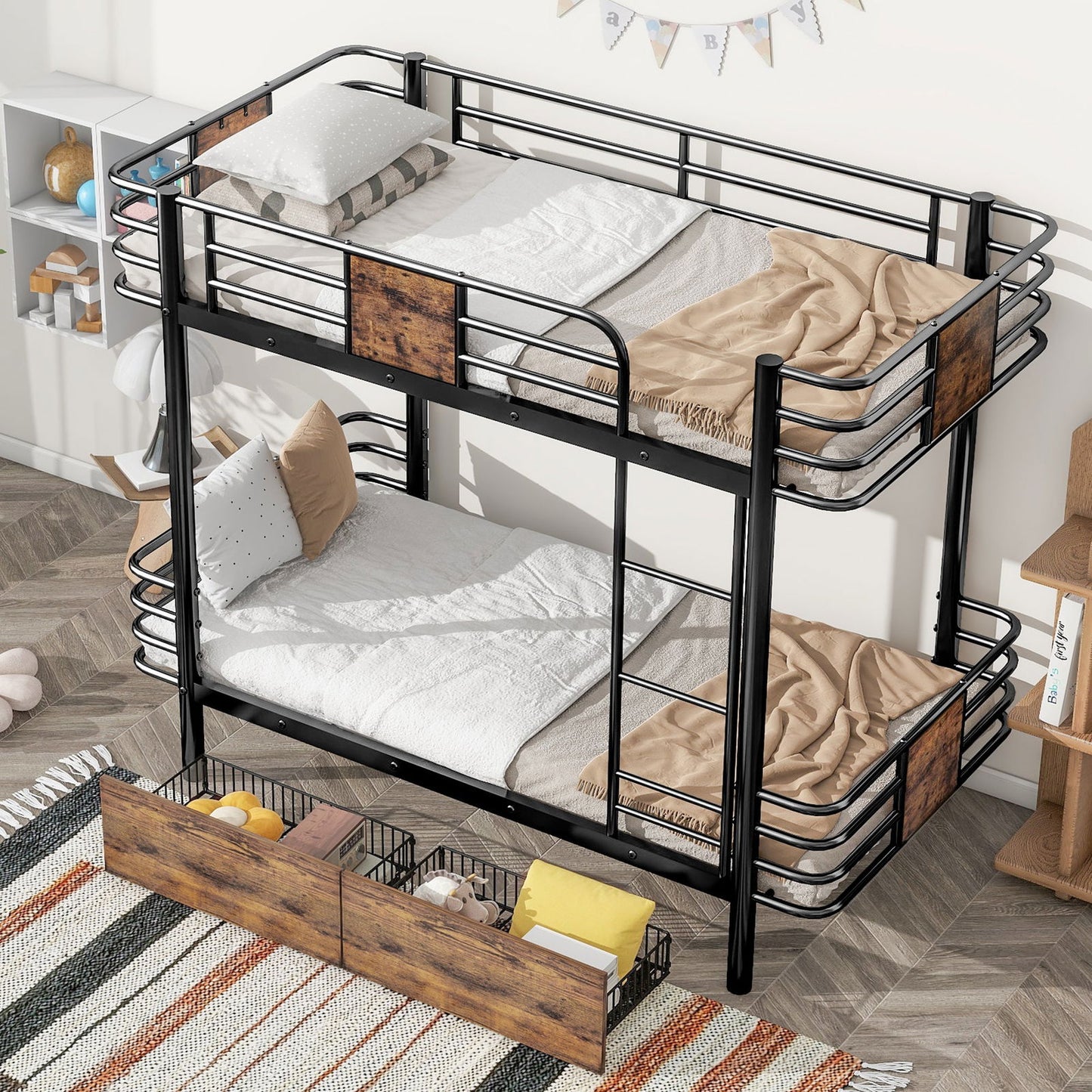 Twin XL over Twin XL Metal Bunk Bed with MDF Board Guardrail and Two Storage Drawers,Black himalipasal