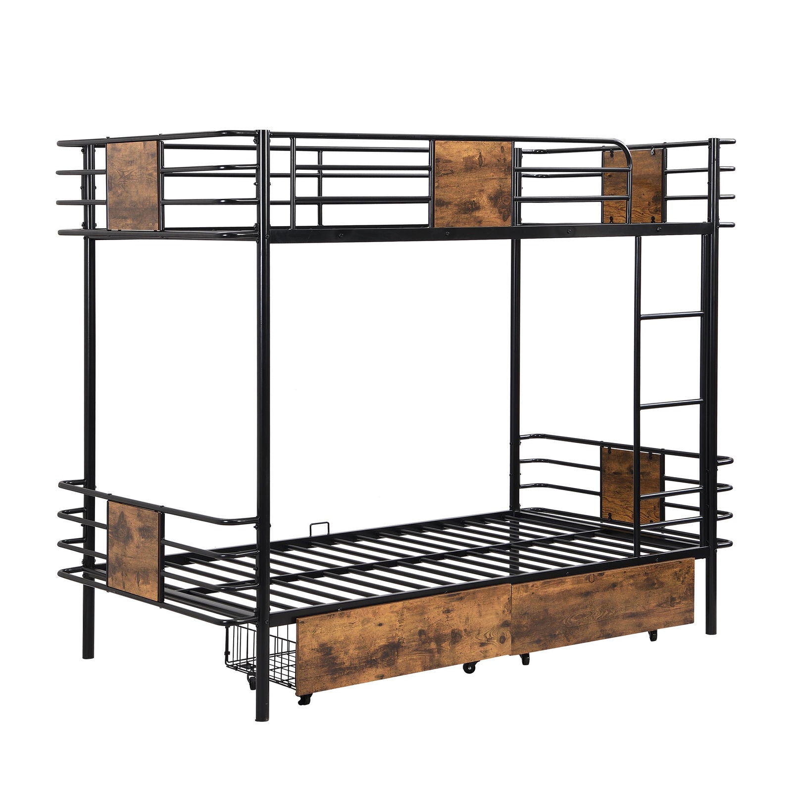 Twin XL over Twin XL Metal Bunk Bed with MDF Board Guardrail and Two Storage Drawers,Black himalipasal