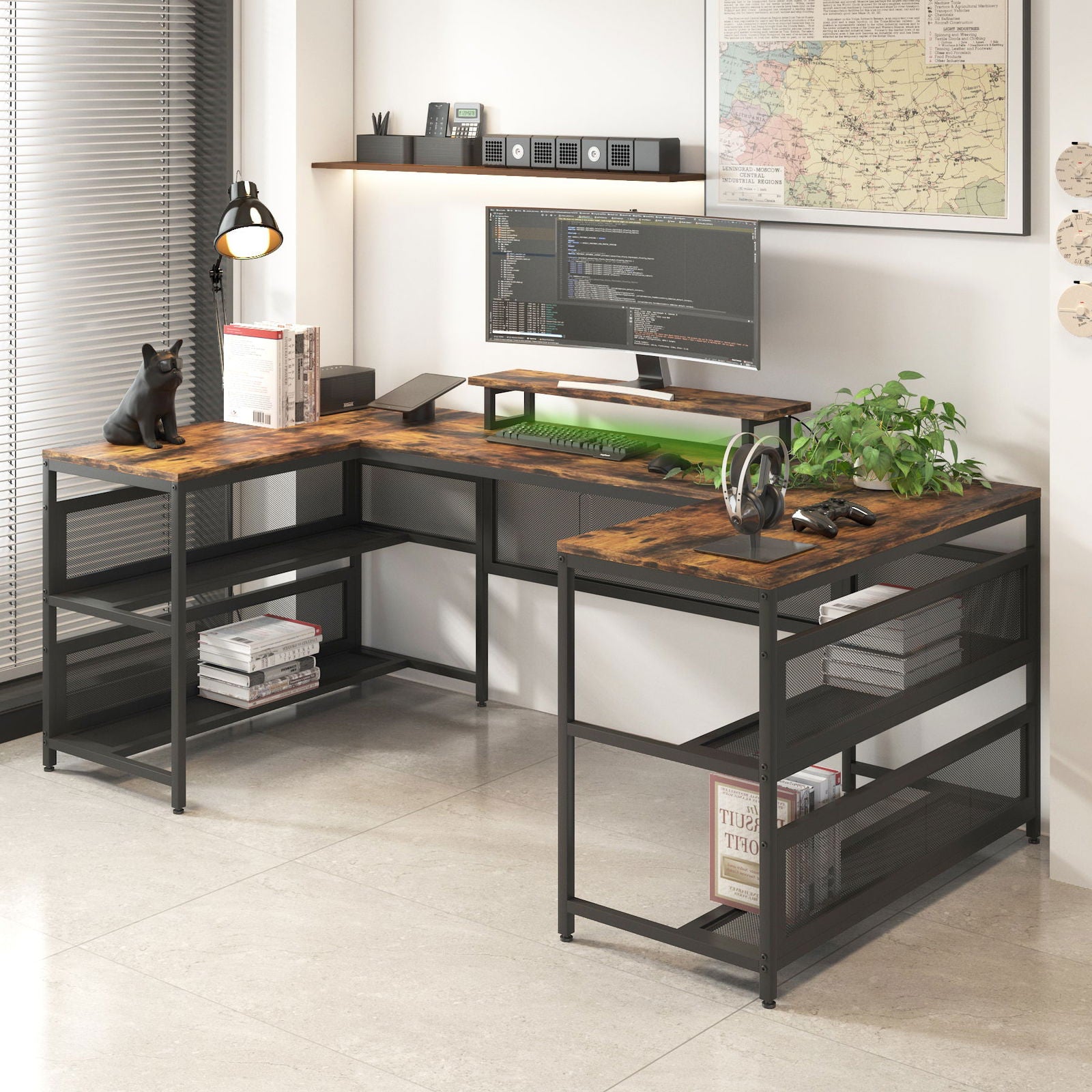 U-shaped Desk with Shelve and LED lights himalipasal