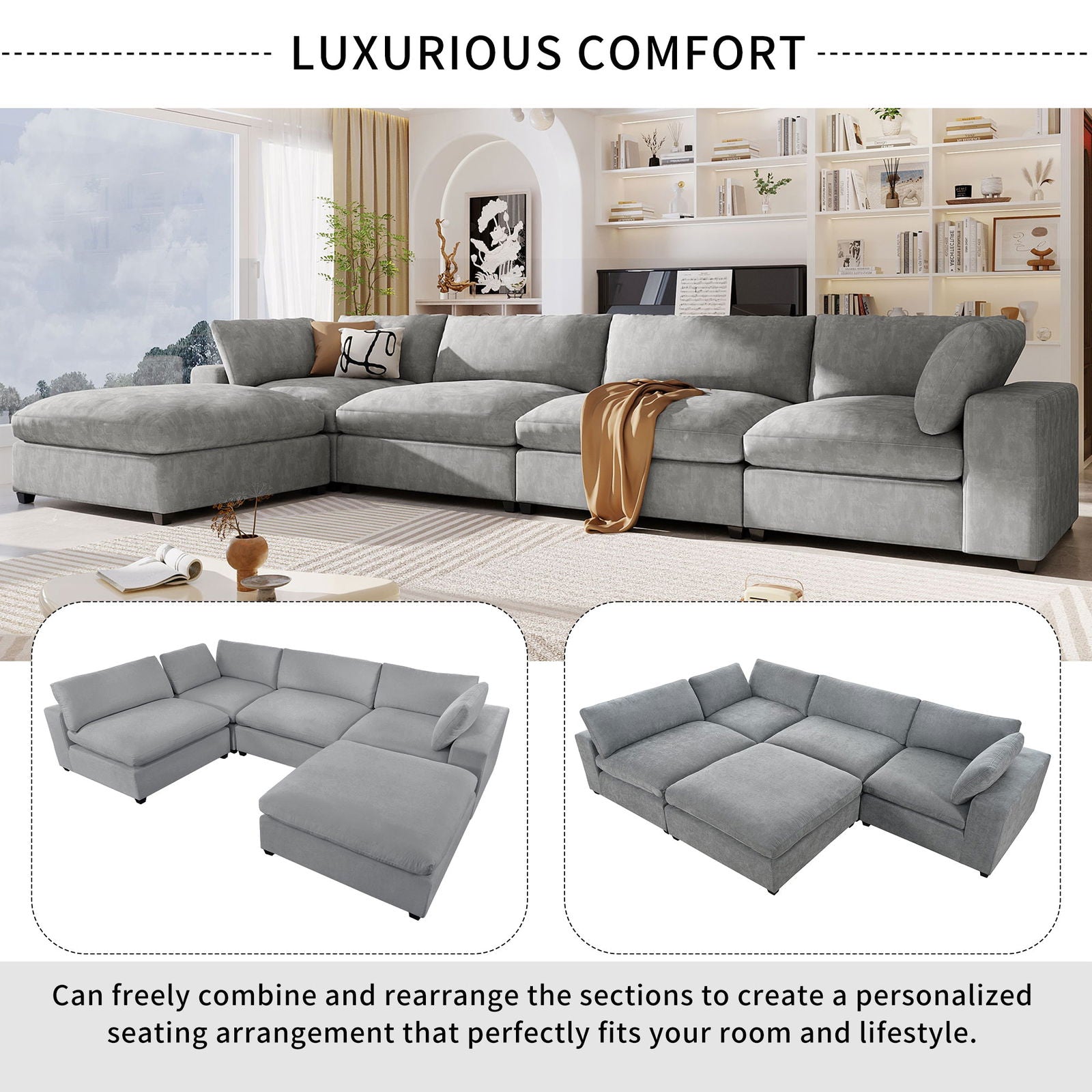 U-style Upholstered Oversize Modular Sofa with Removable Ottoman,Sectional sofa for Living Room Apartment(5-Seater) himalipasal