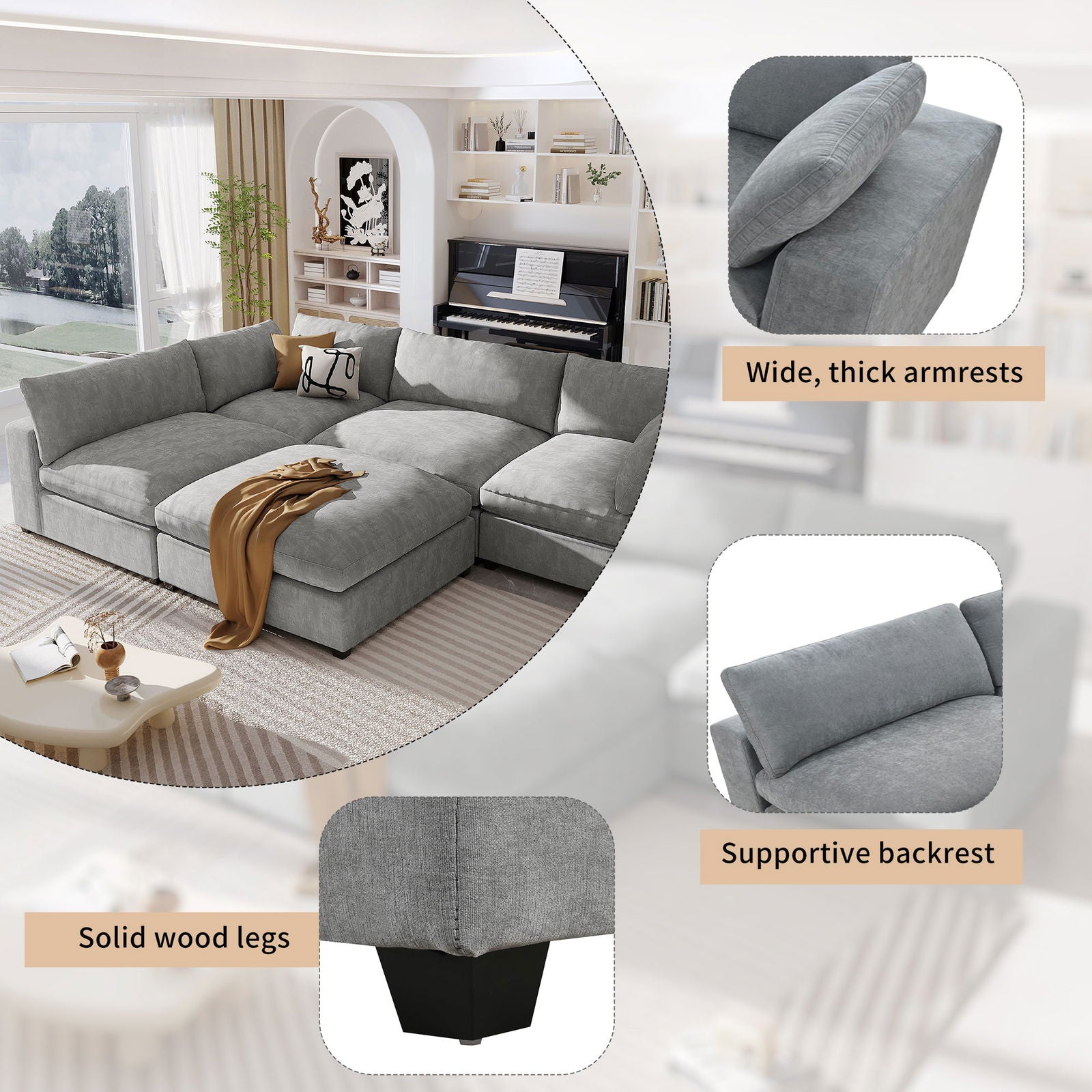 U-style Upholstered Oversize Modular Sofa with Removable Ottoman,Sectional sofa for Living Room Apartment(5-Seater) himalipasal