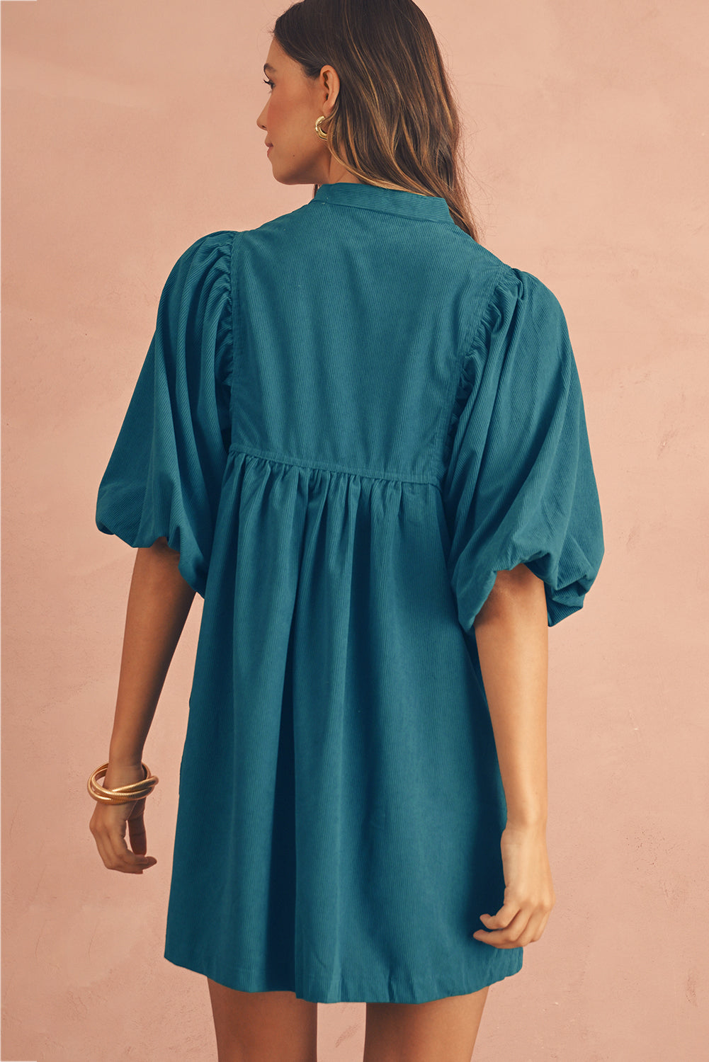 Vineyard Green Snap Button Empire Waist Lantern Sleeve Corduroy Dress himalipasal