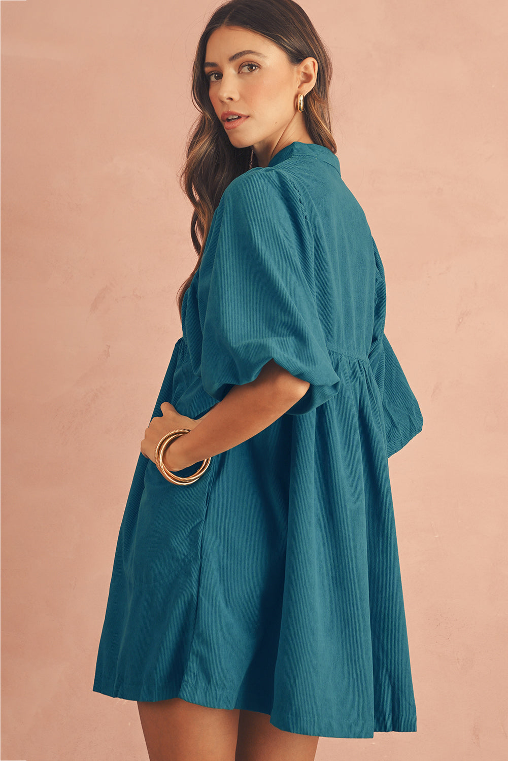 Vineyard Green Snap Button Empire Waist Lantern Sleeve Corduroy Dress himalipasal