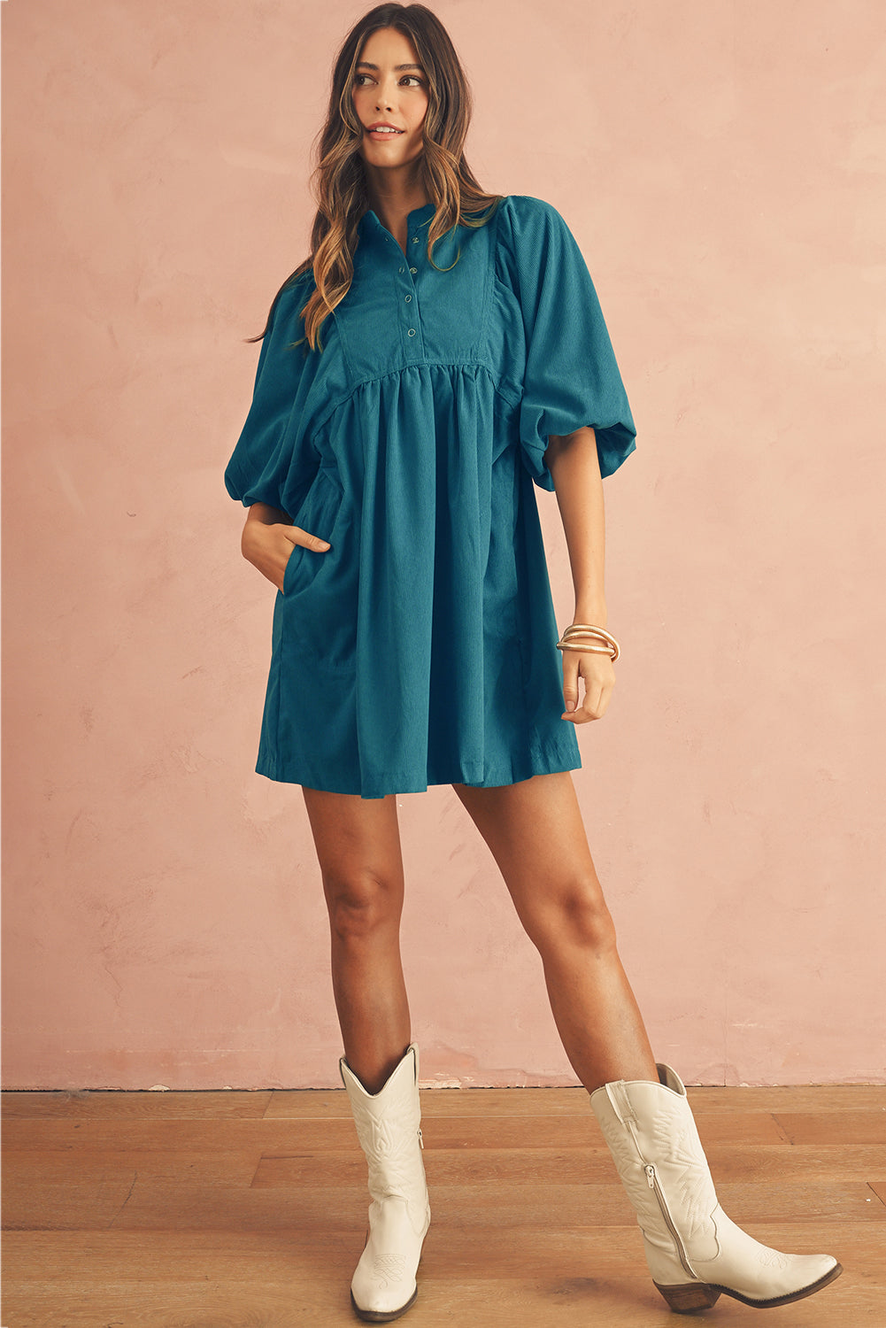 Vineyard Green Snap Button Empire Waist Lantern Sleeve Corduroy Dress himalipasal