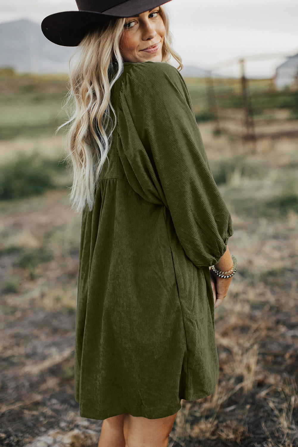 Vineyard Green Snap Button Empire Waist Lantern Sleeve Corduroy Dress himalipasal