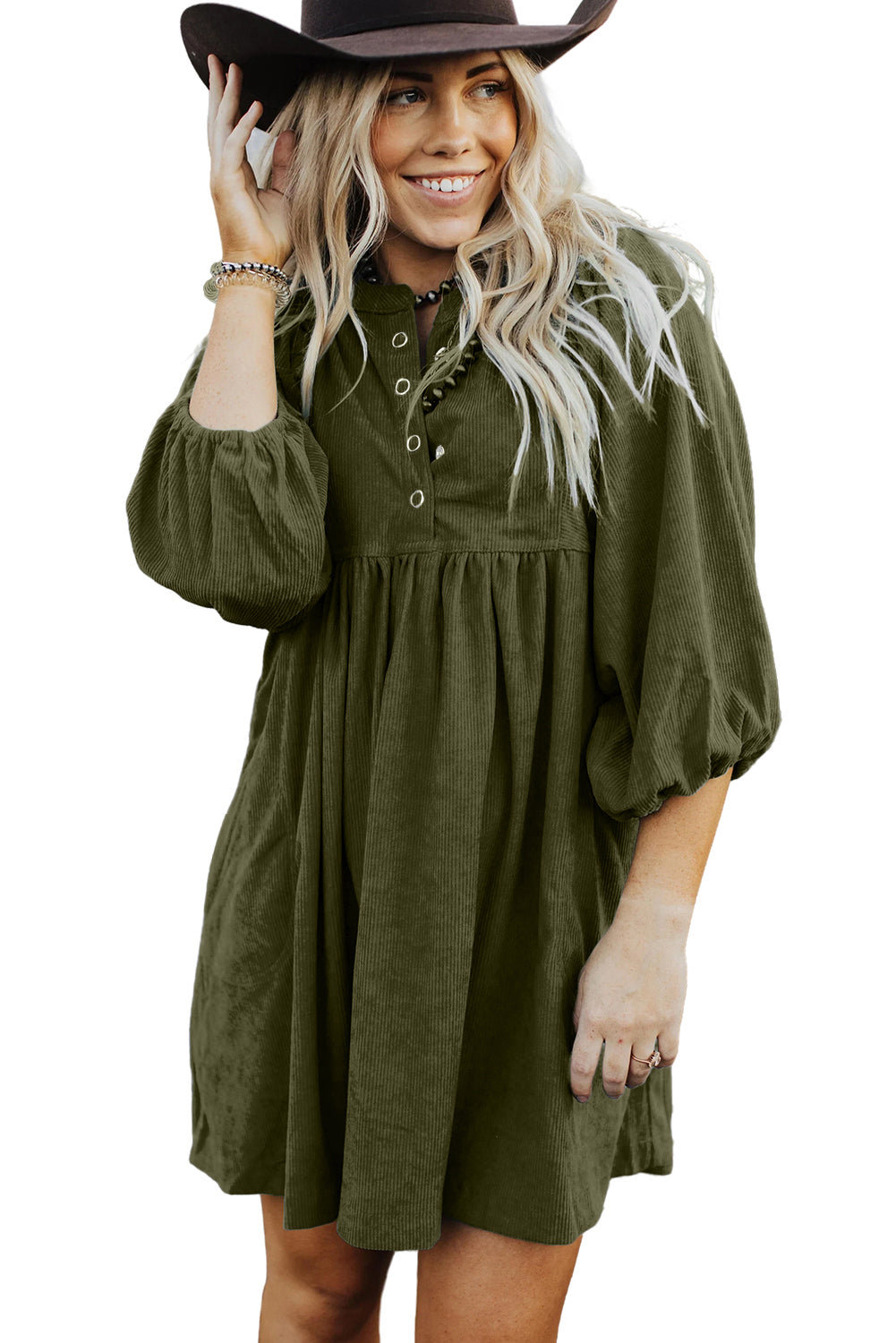 Vineyard Green Snap Button Empire Waist Lantern Sleeve Corduroy Dress himalipasal