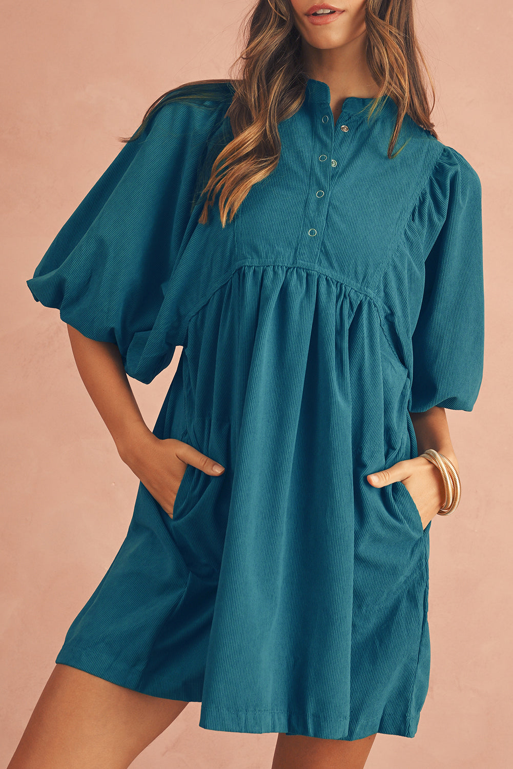 Vineyard Green Snap Button Empire Waist Lantern Sleeve Corduroy Dress himalipasal