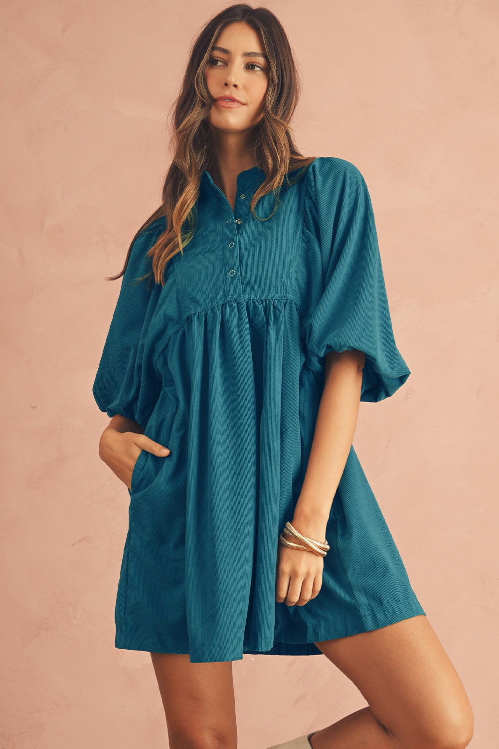 Vineyard Green Snap Button Empire Waist Lantern Sleeve Corduroy Dress himalipasal