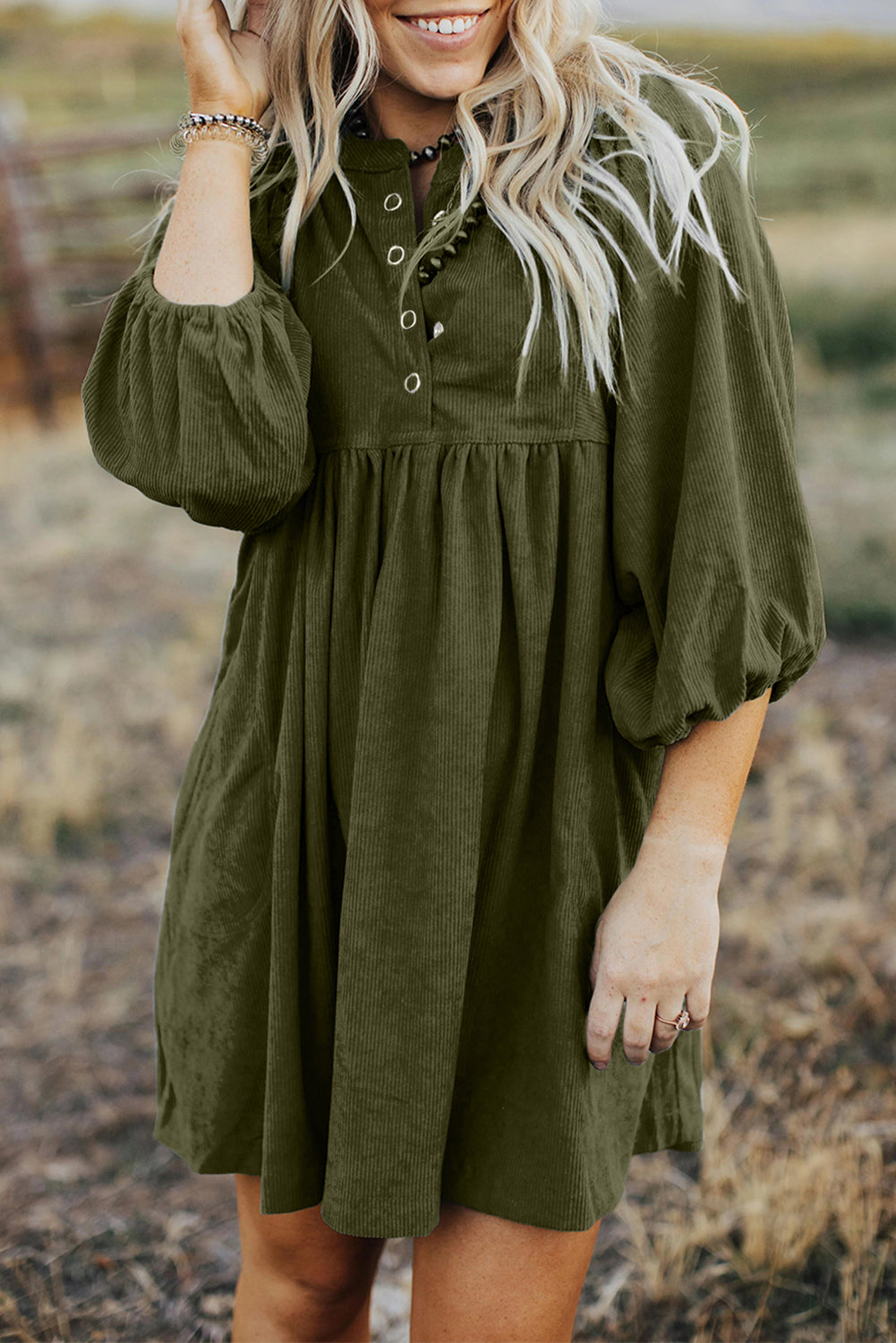 Vineyard Green Snap Button Empire Waist Lantern Sleeve Corduroy Dress himalipasal