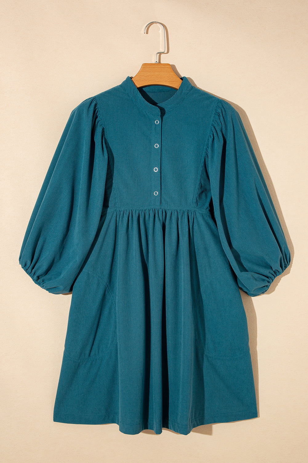 Vineyard Green Snap Button Empire Waist Lantern Sleeve Corduroy Dress himalipasal