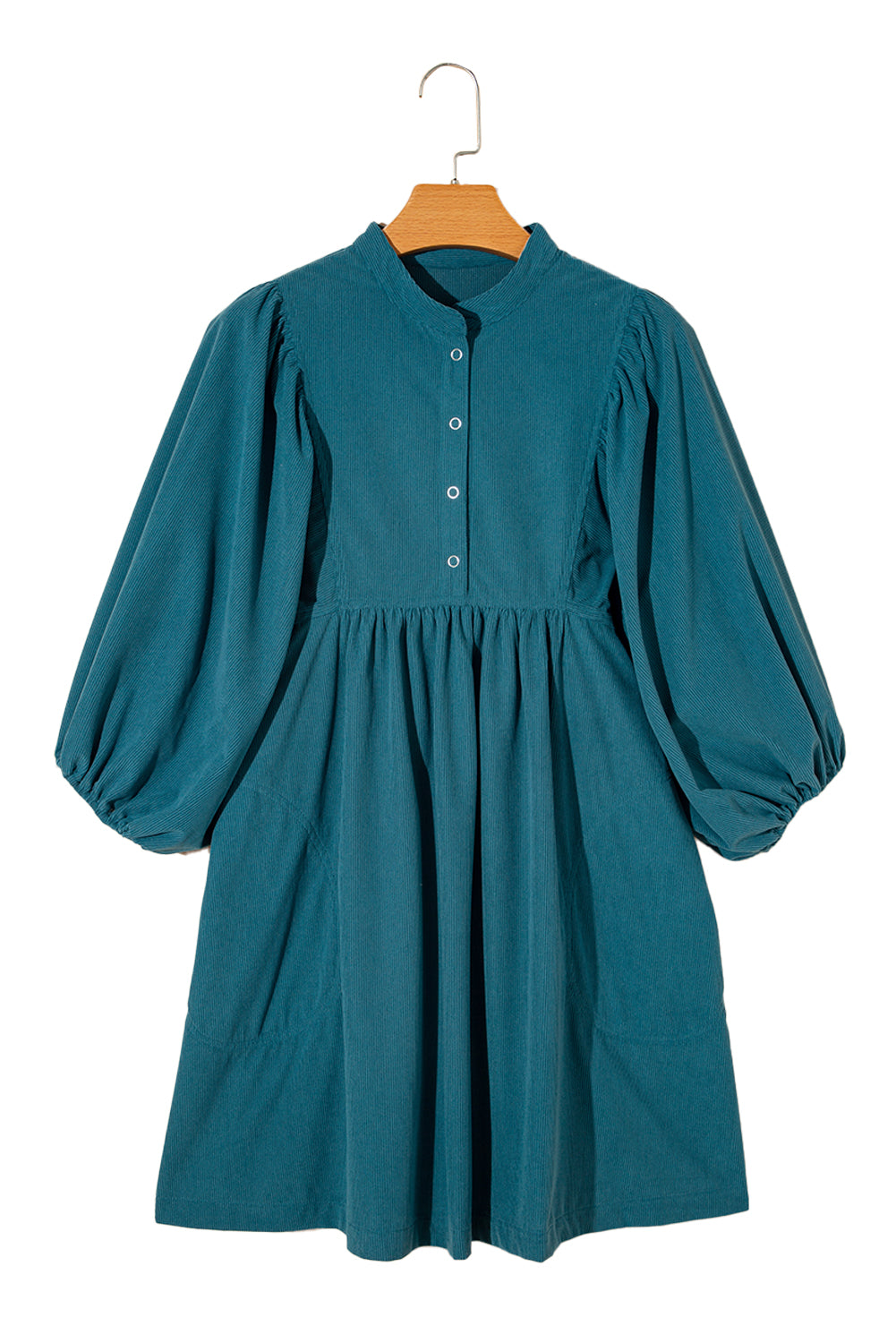 Vineyard Green Snap Button Empire Waist Lantern Sleeve Corduroy Dress himalipasal