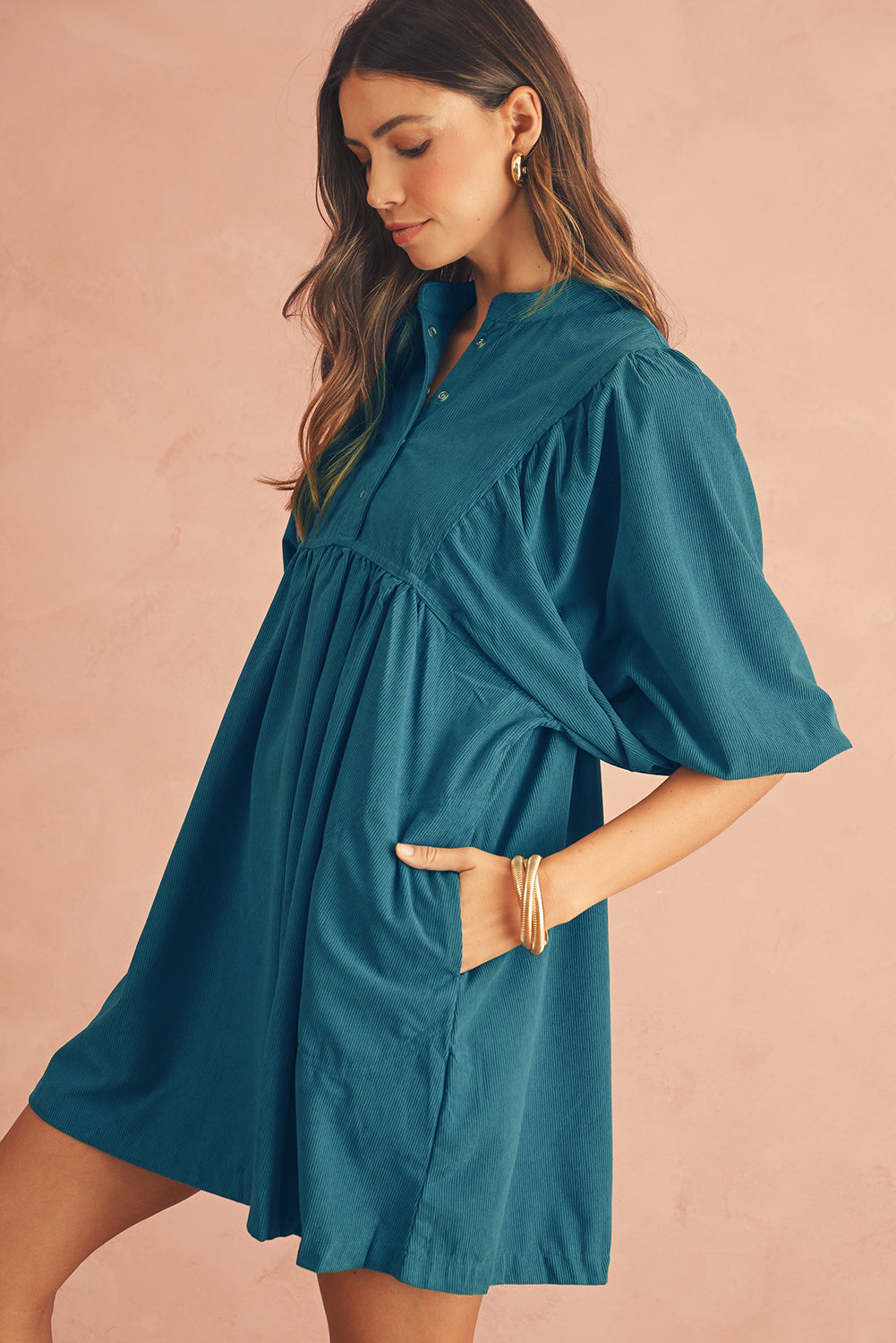 Vineyard Green Snap Button Empire Waist Lantern Sleeve Corduroy Dress himalipasal