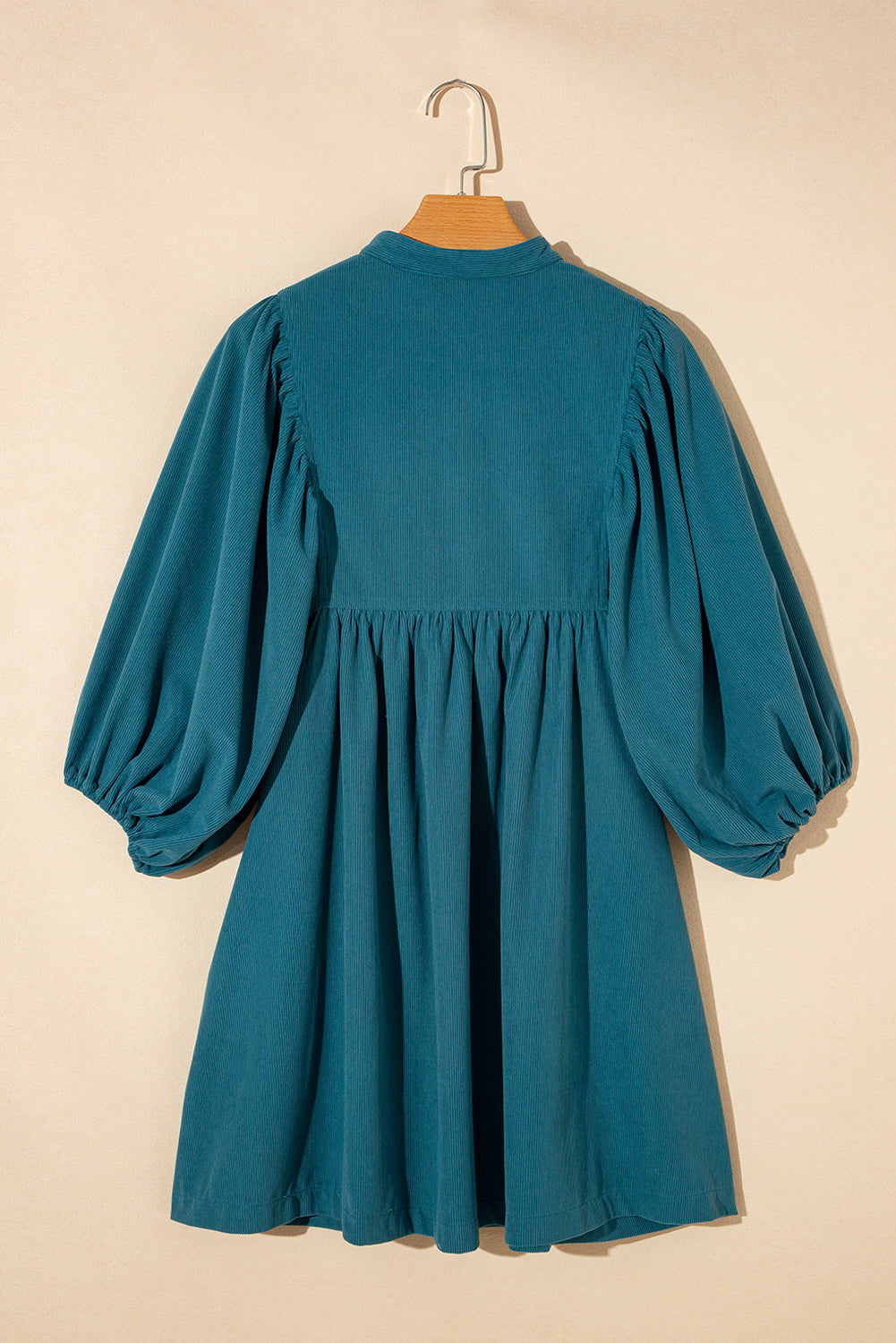 Vineyard Green Snap Button Empire Waist Lantern Sleeve Corduroy Dress himalipasal