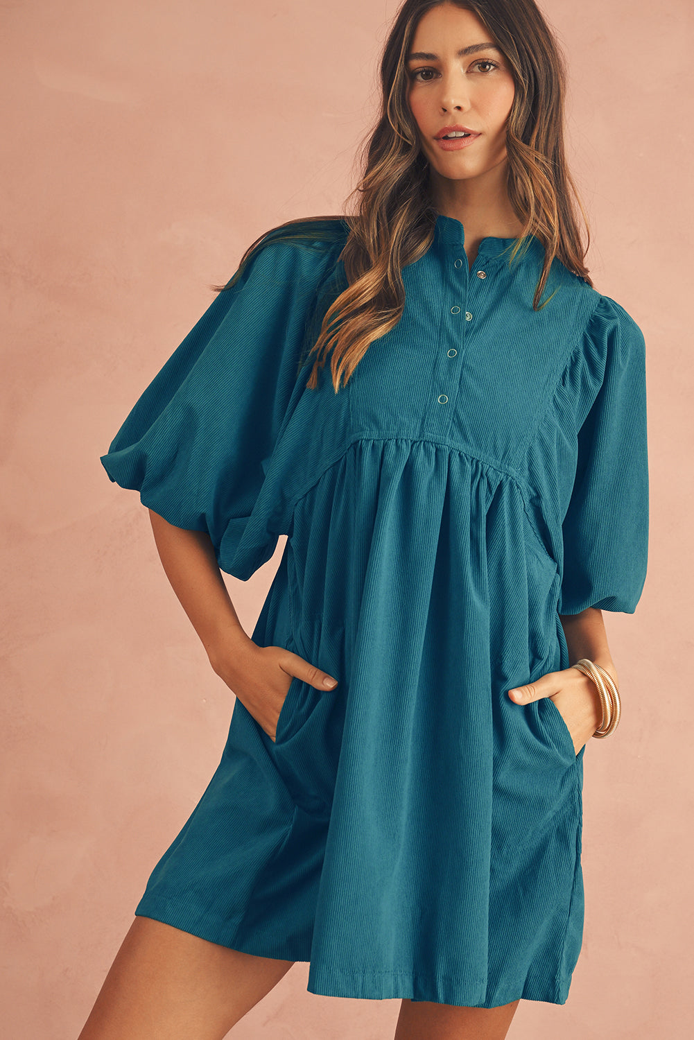 Vineyard Green Snap Button Empire Waist Lantern Sleeve Corduroy Dress himalipasal