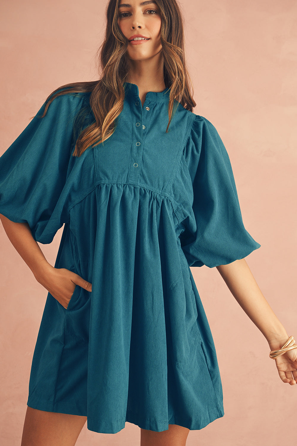 Vineyard Green Snap Button Empire Waist Lantern Sleeve Corduroy Dress himalipasal