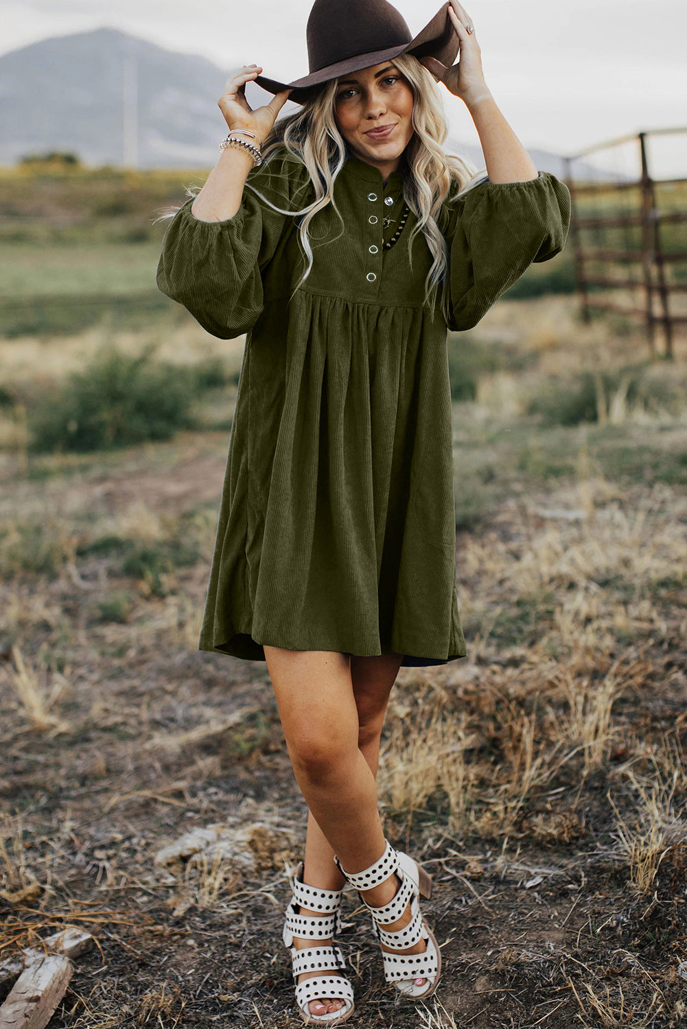 Vineyard Green Snap Button Empire Waist Lantern Sleeve Corduroy Dress himalipasal