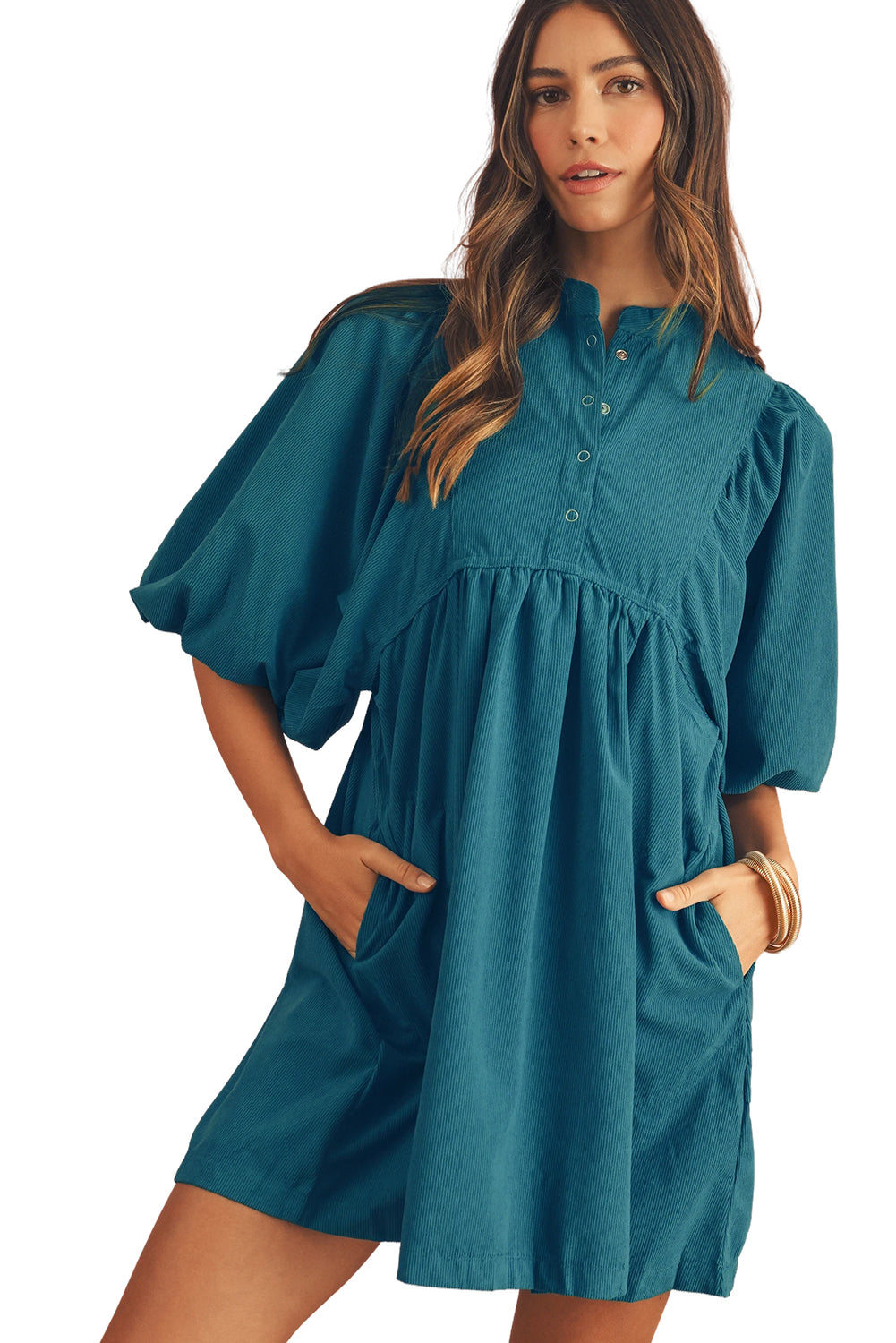 Vineyard Green Snap Button Empire Waist Lantern Sleeve Corduroy Dress himalipasal