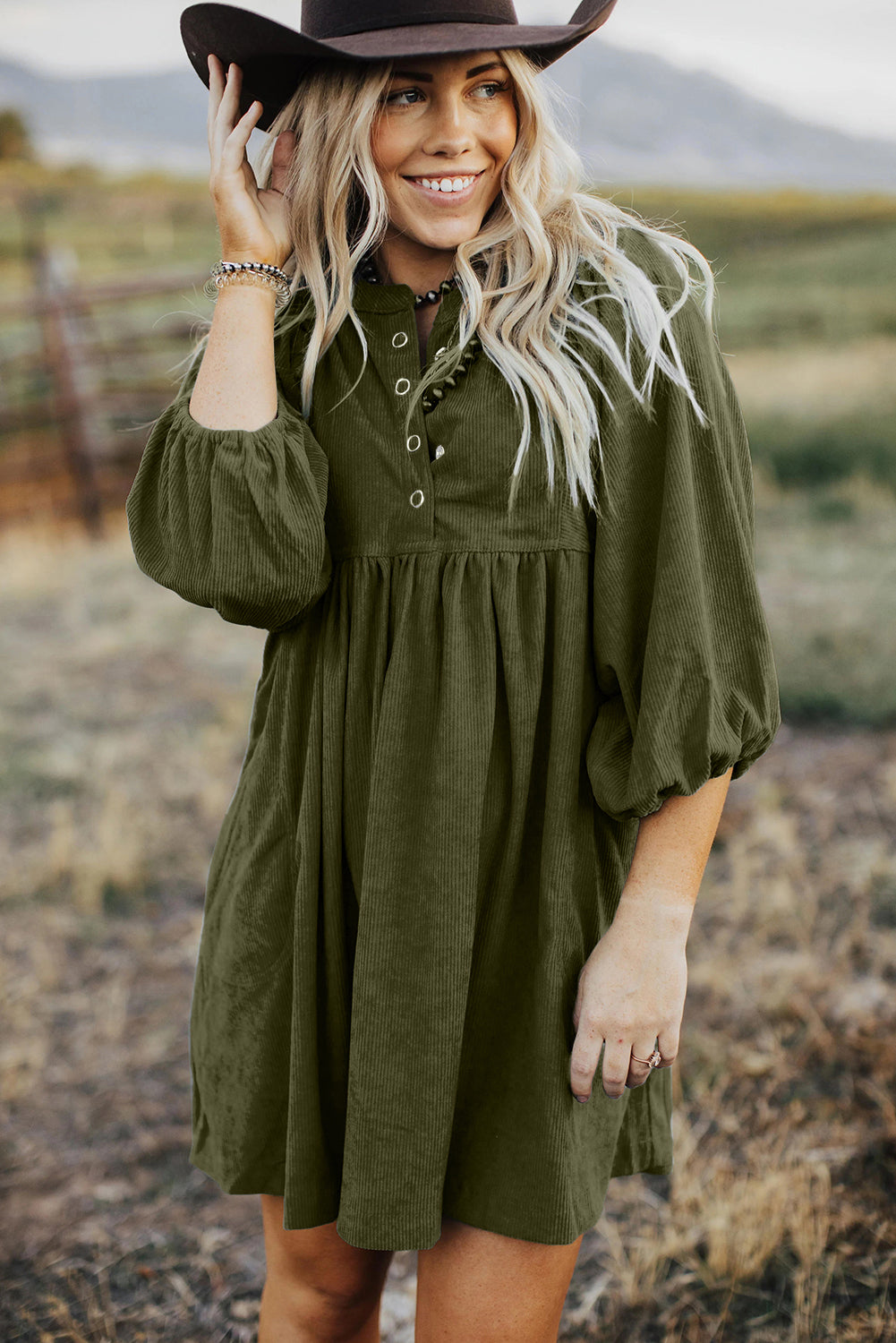 Vineyard Green Snap Button Empire Waist Lantern Sleeve Corduroy Dress himalipasal