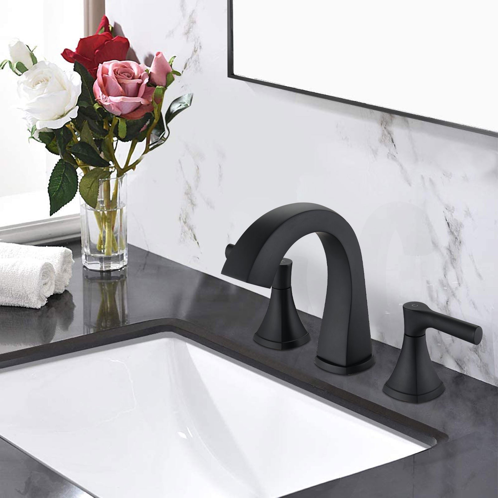 Widespread Bathroom Sink Faucets Two Handle 3 Hole Vanity Bath Faucet with Drain Assembly (Matte Black) himalipasal