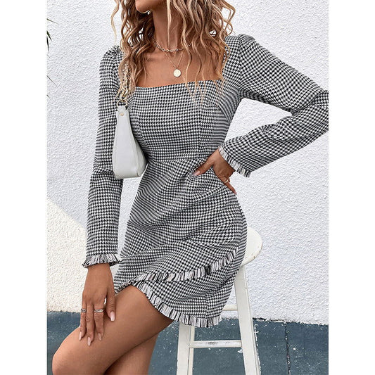 Women Clothing Long Sleeve Houndstooth Dress Hip Dress Square Collar Slimming Elegant Dress Women himalipasal