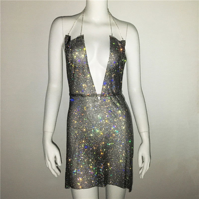 Women Clothing Popular Metal Rhinestone Dress Sexy Party Nightclub Halter Dress Women himalipasal