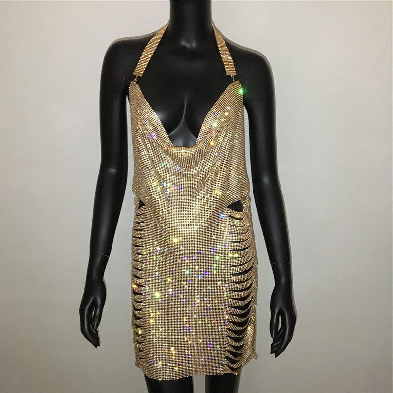 Women Clothing Popular Metal Rhinestone Dress Sexy Party Nightclub Halter Dress Women himalipasal