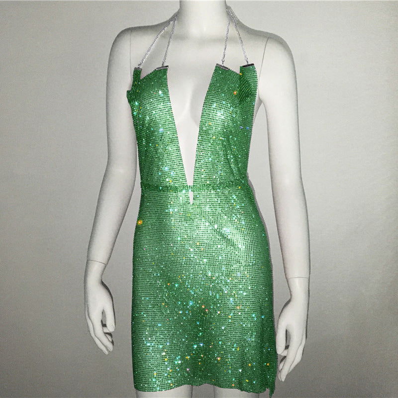 Women Clothing Popular Metal Rhinestone Dress Sexy Party Nightclub Halter Dress Women himalipasal