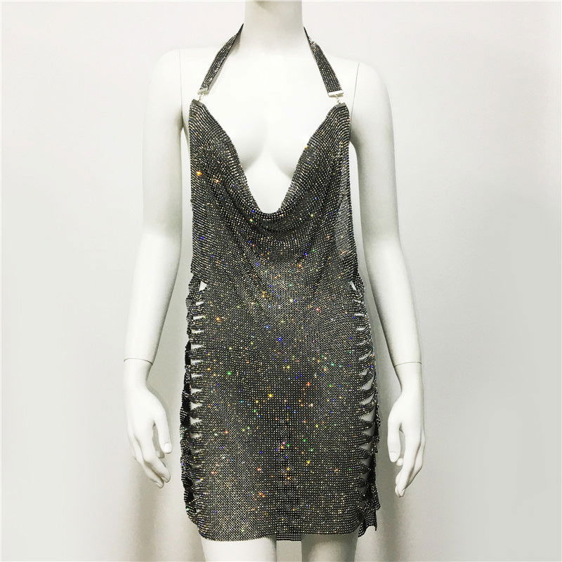 Women Clothing Popular Metal Rhinestone Dress Sexy Party Nightclub Halter Dress Women himalipasal