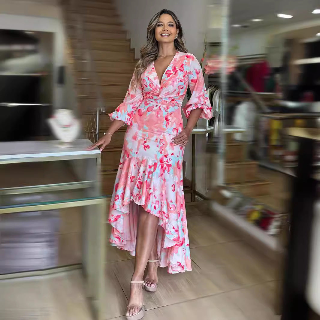 Women Clothing V neck Slimming Slim Fit Maxi Dress Bubble Long Sleeve Irregular Asymmetric Ruffles Dress Women Clothing V neck Slimming Slim Fit Maxi Dress Bubble Long Sleeve Irregular Asymmetric Ruffles Dress
