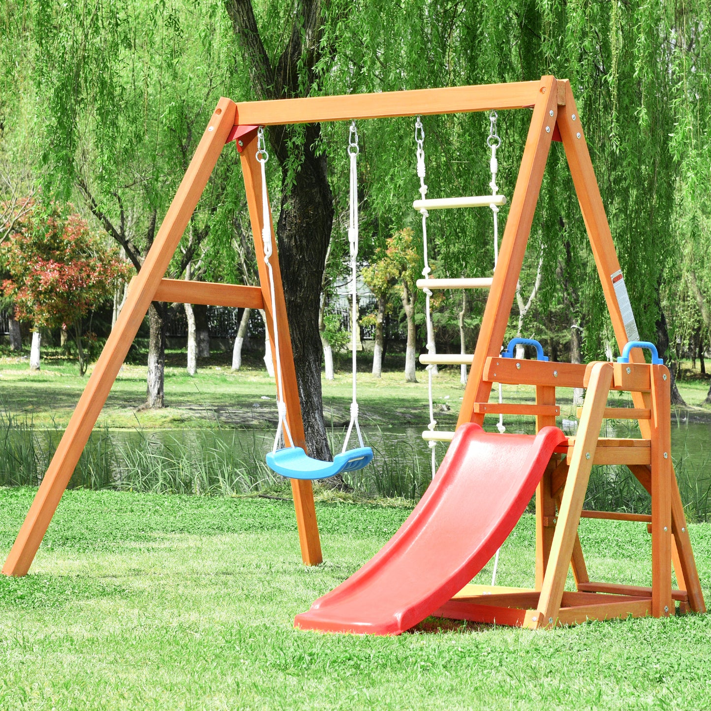 Wooden Swing Set with Slide, Outdoor Playset Backyard Activity Playground Climb Swing Outdoor Play Structure for Toddlers, Ready to Assemble Wooden Swing-N-Slide Set Kids Climbers himalipasal