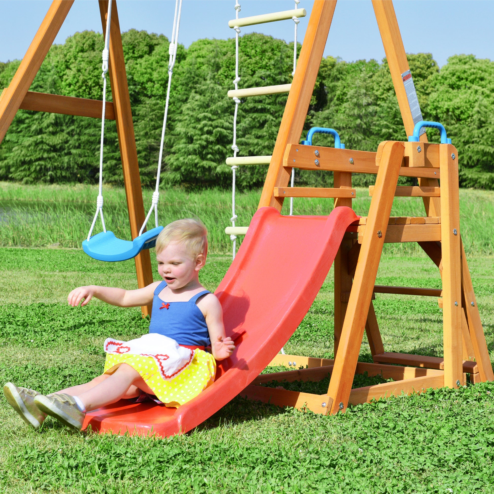 Wooden Swing Set with Slide, Outdoor Playset Backyard Activity Playground Climb Swing Outdoor Play Structure for Toddlers, Ready to Assemble Wooden Swing-N-Slide Set Kids Climbers himalipasal