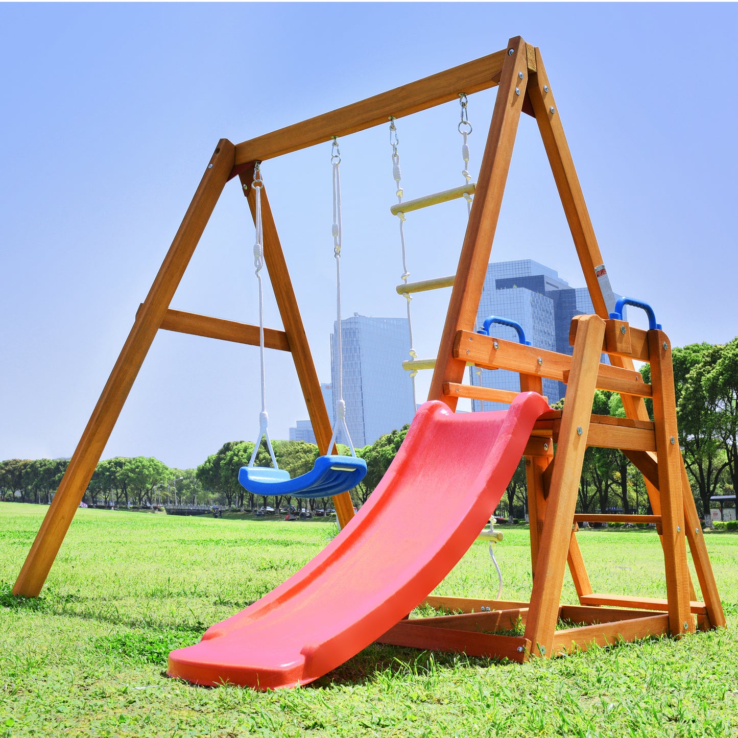 Wooden Swing Set with Slide, Outdoor Playset Backyard Activity Playground Climb Swing Outdoor Play Structure for Toddlers, Ready to Assemble Wooden Swing-N-Slide Set Kids Climbers himalipasal