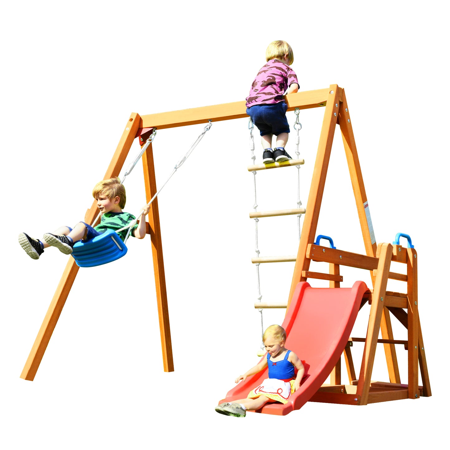 Wooden Swing Set with Slide, Outdoor Playset Backyard Activity Playground Climb Swing Outdoor Play Structure for Toddlers, Ready to Assemble Wooden Swing-N-Slide Set Kids Climbers himalipasal