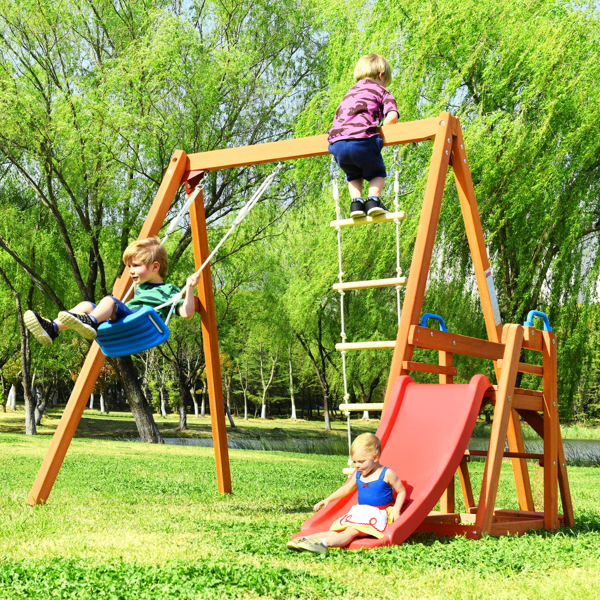 Wooden Swing Set with Slide, Outdoor Playset Backyard Activity Playground Climb Swing Outdoor Play Structure for Toddlers, Ready to Assemble Wooden Swing-N-Slide Set Kids Climbers himalipasal